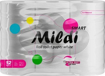 Туалетная бумага Mildi Smart, белая 2-слойная, 100 отрывов, 12 рулонов АІ-00336 фото